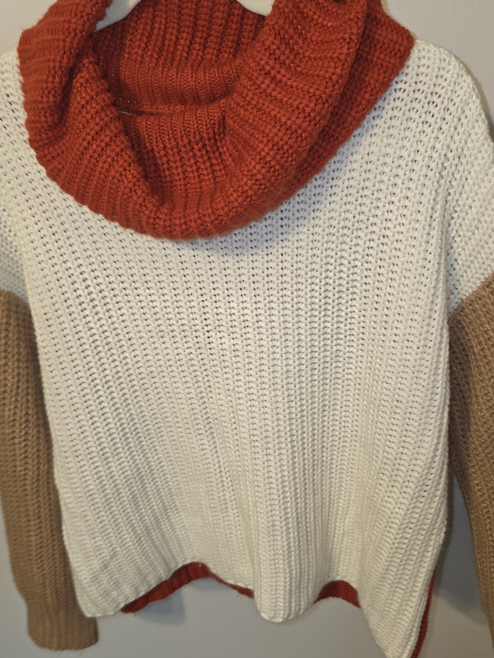 Pink Lily Women's Colorblock Cowl Neck Sweater - Cream, Rust, Tan